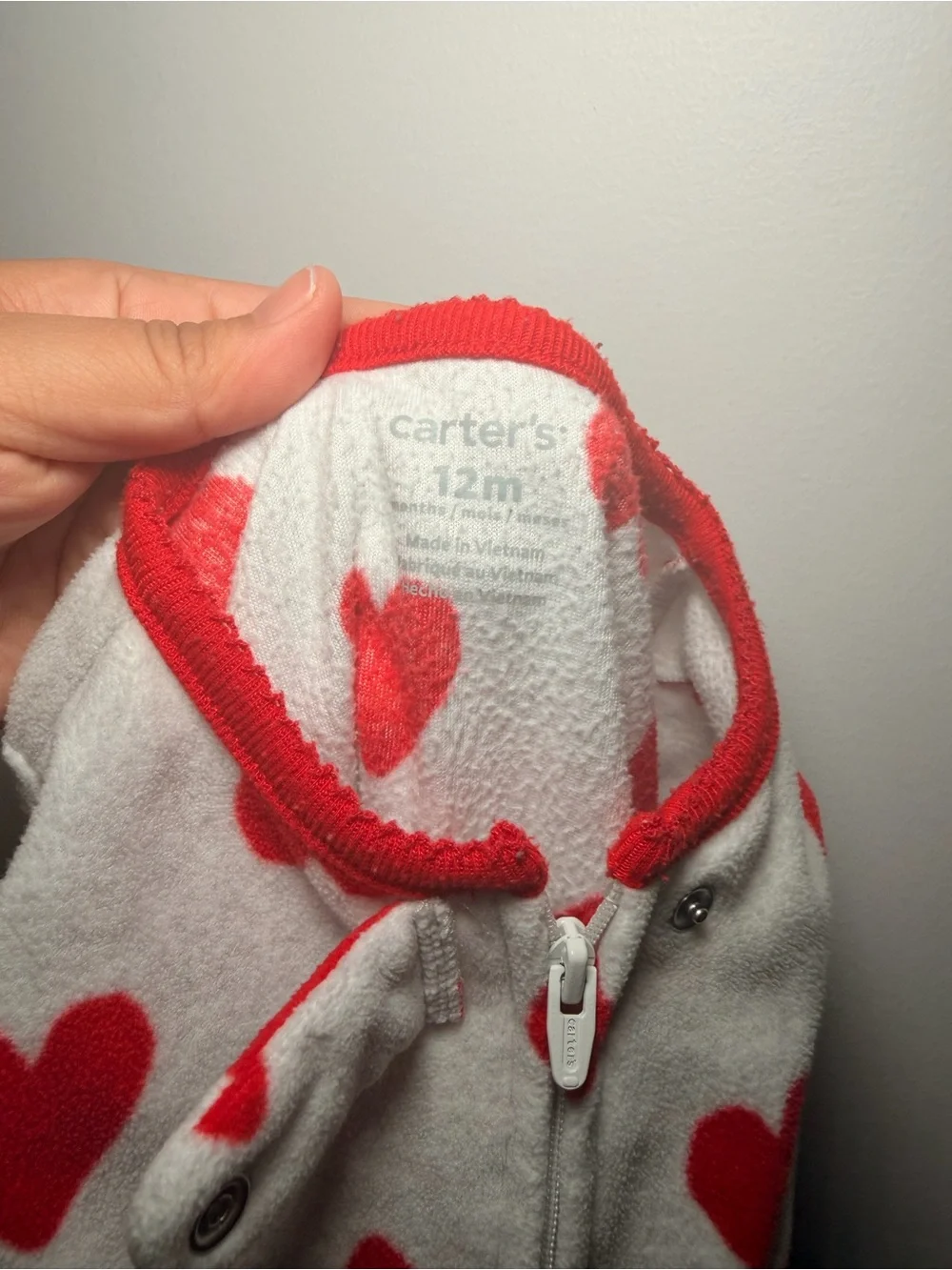 Carters 12months cozy comfy zipper red hearts gripped feet baby onesie warm
